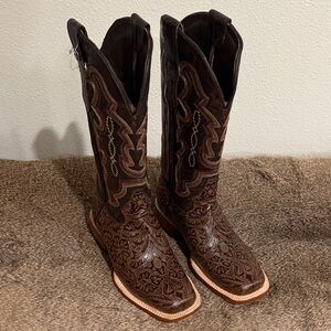 Women’s Tanner Mark Brown Leather Tooled Cowboy Boots Size 8.5